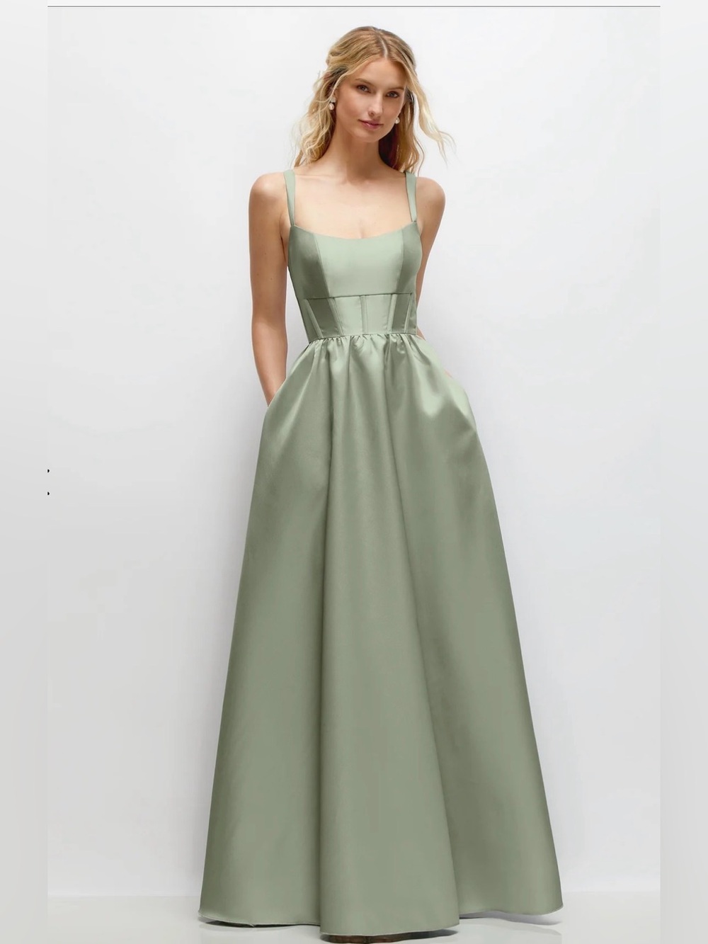 NEW Dessy Collection 3170 Satin Scoop Neck Corset Dress, Sage Green, Size 16